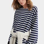 kowtow pierre tee uniform stripe navy ivory striped long sleeve tee relaxed silhouette styled with sweater tied at waist