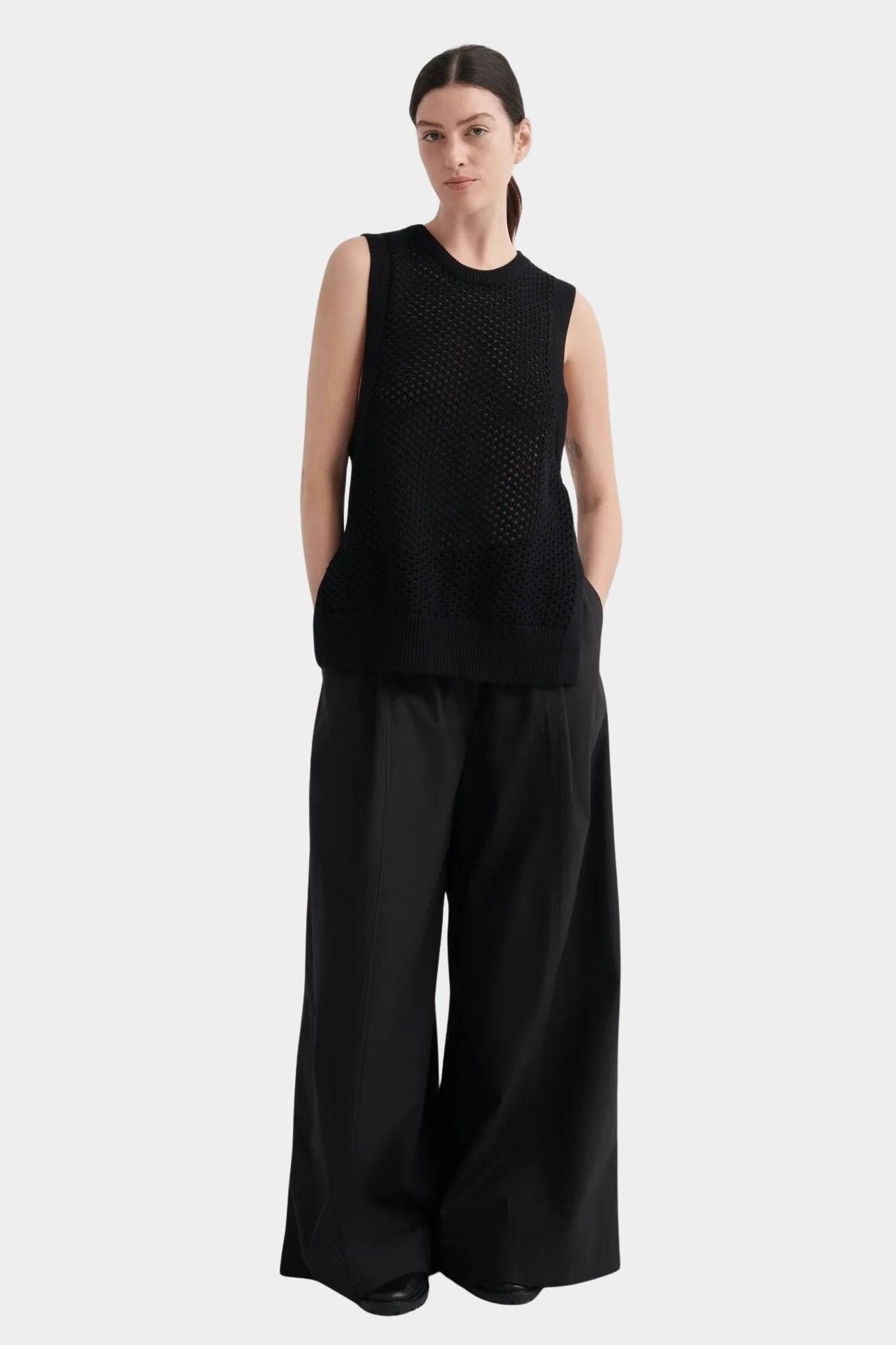 kowtow pointelle vest black organic cotton sleeveless knit sweater vest full outfit wide leg trousers