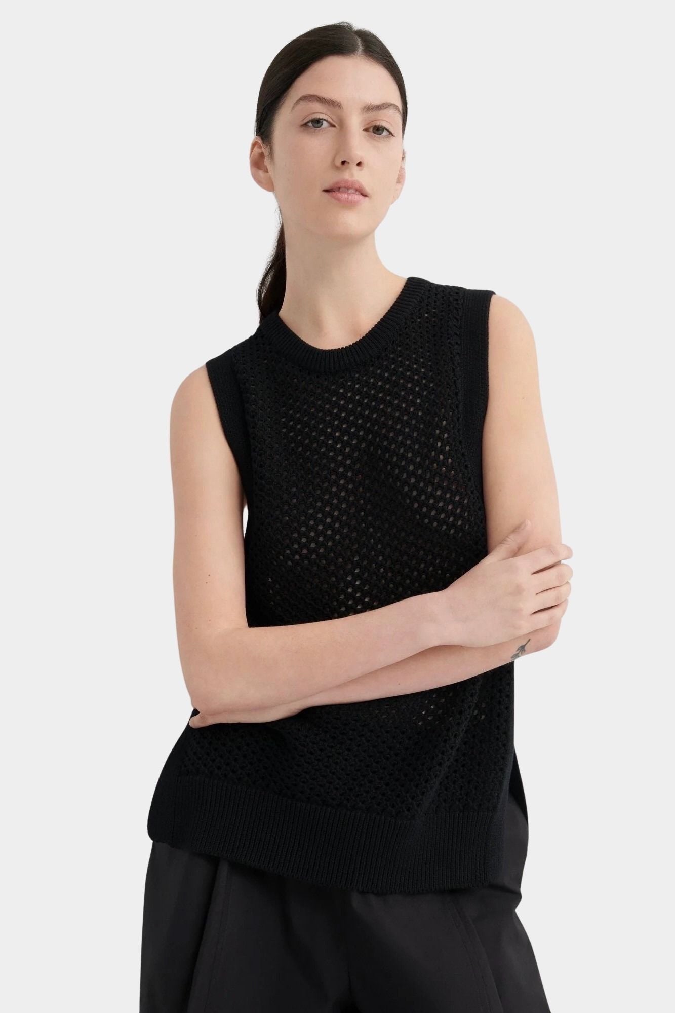 kowtow pointelle vest black open knit sleeveless sweater vest worn model front styling