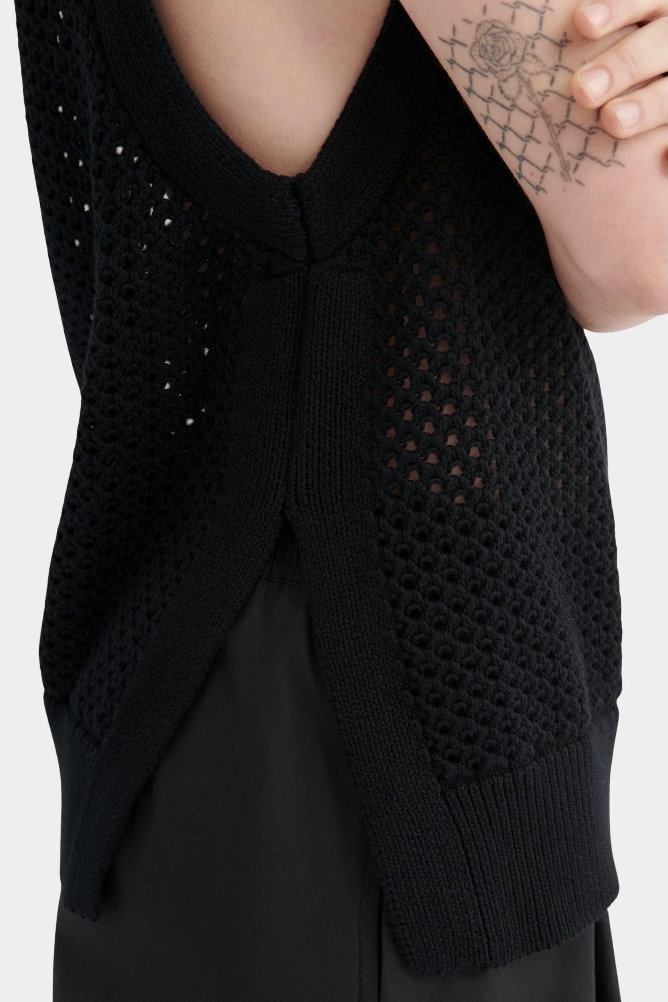 kowtow pointelle vest black organic cotton knit sleeveless sweater vest close texture detail