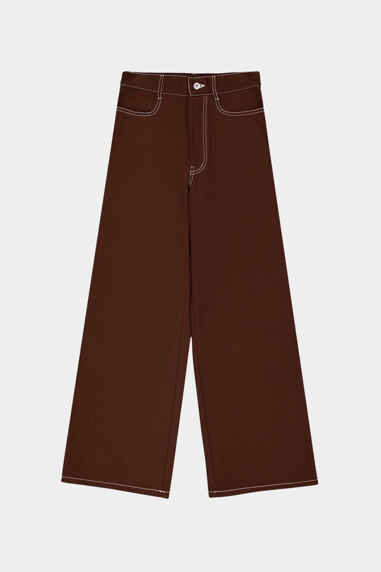 Kowtow Unity Jeans in brown denim, flat lay front view