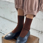 Le Bon Shoppe Espresso ribbed crew socks styled with powder blue ballet flats and pale pink gathered trousers