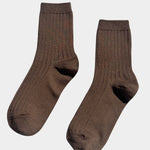 Pair of Le Bon Shoppe Her Socks in Dark Tan laid flat, showing ribbed cuffs and classic quarter crew length