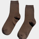 Pair of Le Bon Shoppe Her Socks in Dark Tan laid flat, showing ribbed cuffs and classic quarter crew length