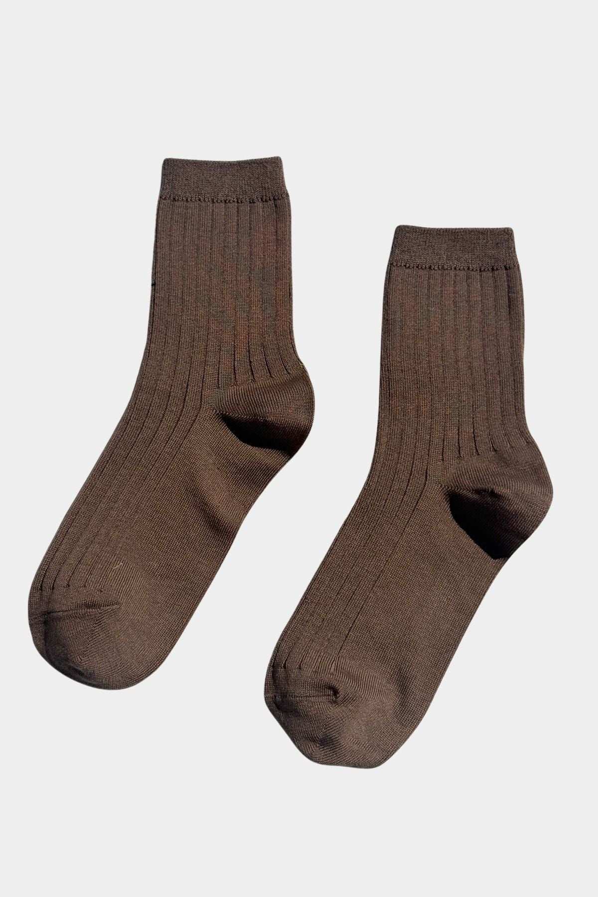Pair of Le Bon Shoppe Her Socks in Dark Tan laid flat, showing ribbed cuffs and classic quarter crew length