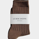 Le Bon Shoppe Her Socks in Dark Tan folded with branded paper band, showing brown ribbed cotton at YUCCA Denve