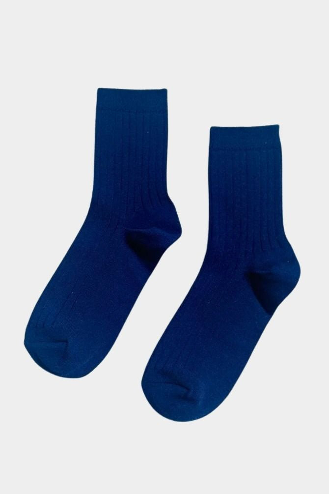 Pair of Le Bon Shoppe Her Socks in Midnight navy blue, showing quarter crew length and fine ribbed knit