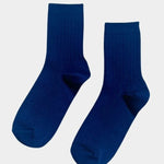 Pair of Le Bon Shoppe Her Socks in Midnight navy blue, showing quarter crew length and fine ribbed knit