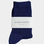 .
Le Bon Shoppe Her Socks in Midnight folded with branded paper band, showing deep navy ribbed cotton at YUCCA Denver