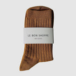 Le Bon Shoppe Her Socks in Peanut Butter folded with branded packaging, showing caramel brown ribbed cotton at YUCCA Denver
