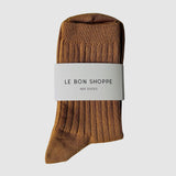 Le Bon Shoppe Her Socks in Peanut Butter folded with branded packaging, showing caramel brown ribbed cotton at YUCCA Denver