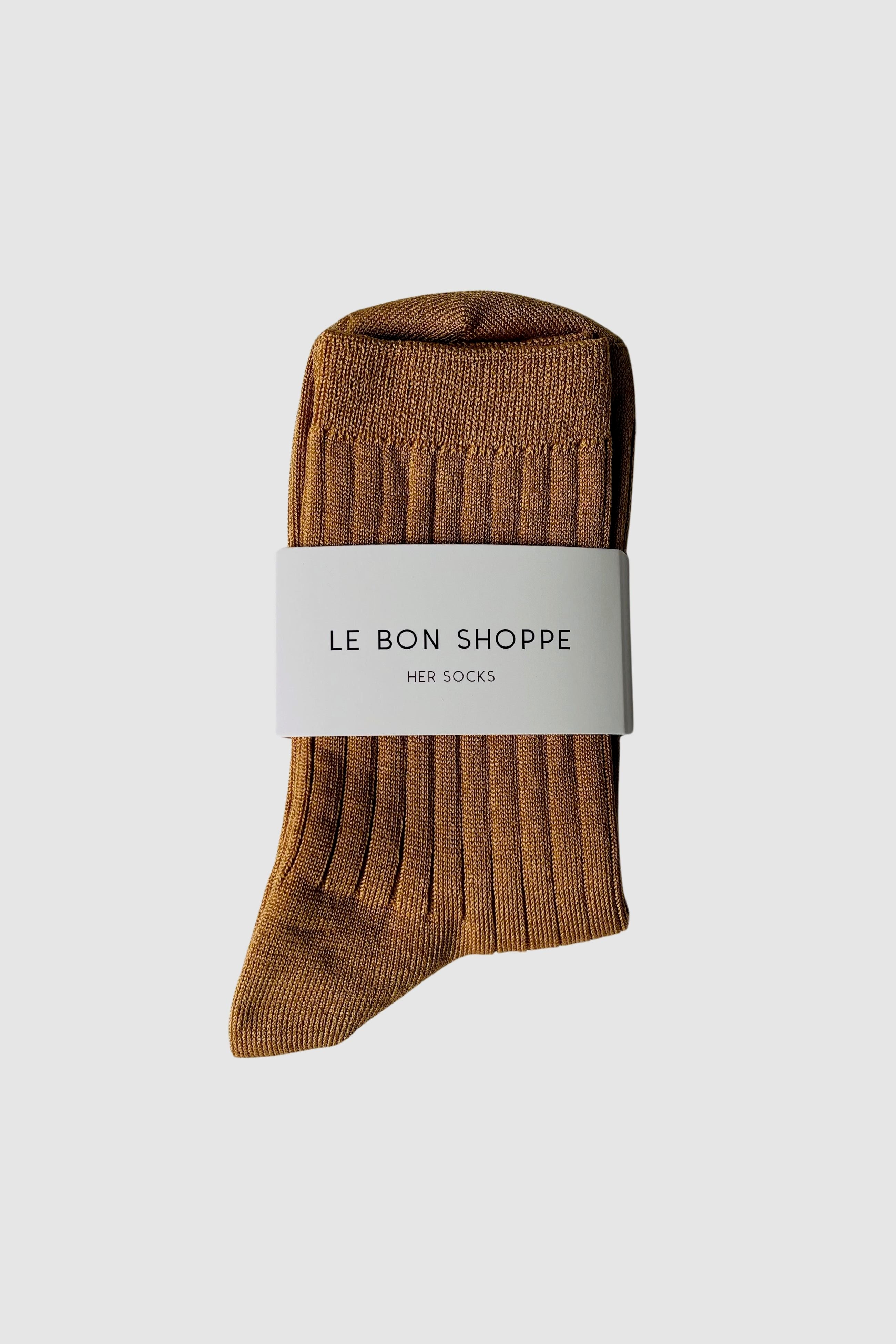 Le Bon Shoppe Her Socks in Peanut Butter folded with branded packaging, showing caramel brown ribbed cotton at YUCCA Denver