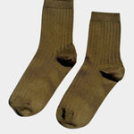 Pair of Le Bon Shoppe Her Socks in Pesto showing earthy olive color, fine ribbing and quarter crew length