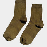 Pair of Le Bon Shoppe Her Socks in Pesto showing earthy olive color, fine ribbing and quarter crew length