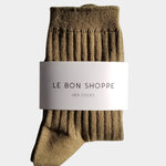 Le Bon Shoppe Her Socks in Pesto folded with branded packaging, showing olive ribbed cotton texture at YUCCA Denver