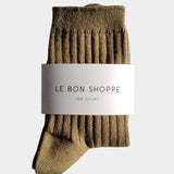 Le Bon Shoppe Her Socks in Pesto folded with branded packaging, showing olive ribbed cotton texture at YUCCA Denver