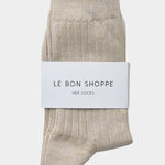 Le Bon Shoppe Her Socks in Porcelain folded with branded paper packaging and ribbed cotton fabric