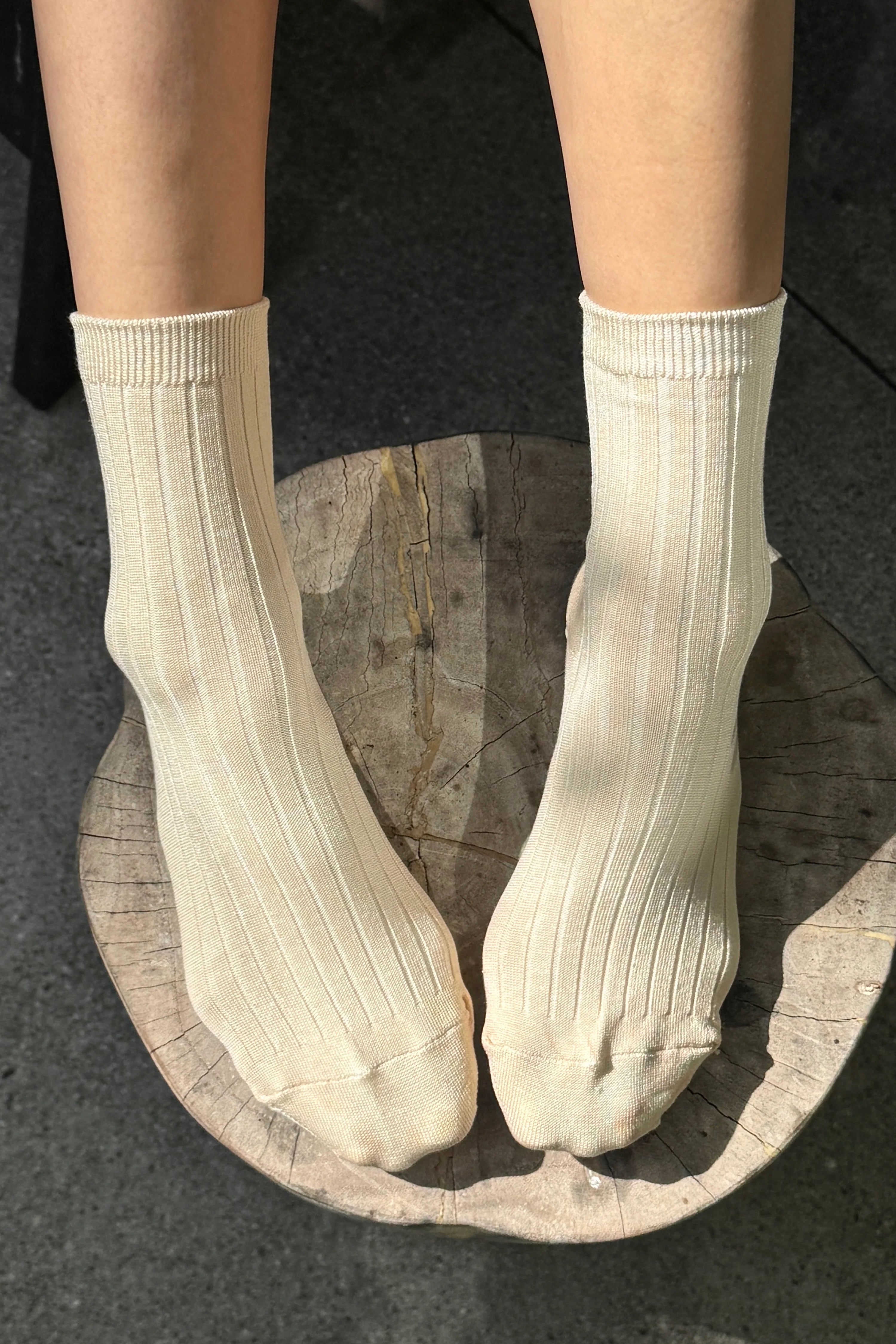 Le Bon Shoppe Porcelain Her Socks worn with classic ribbed cuffs and a soft cotton texture