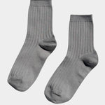 Pair of Le Bon Shoppe Her Socks in Stone, showing soft gray color, ribbed knit and quarter crew length.