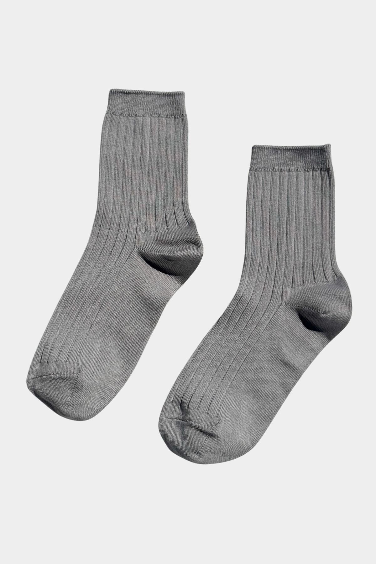 Pair of Le Bon Shoppe Her Socks in Stone, showing soft gray color, ribbed knit and quarter crew length.