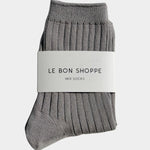 Le Bon Shoppe Her Socks in Stone, folded with branded packaging showing fine ribbed cotton texture at YUCCA Denver.