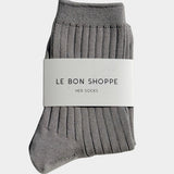 Le Bon Shoppe Her Socks in Stone, folded with branded packaging showing fine ribbed cotton texture at YUCCA Denver.
