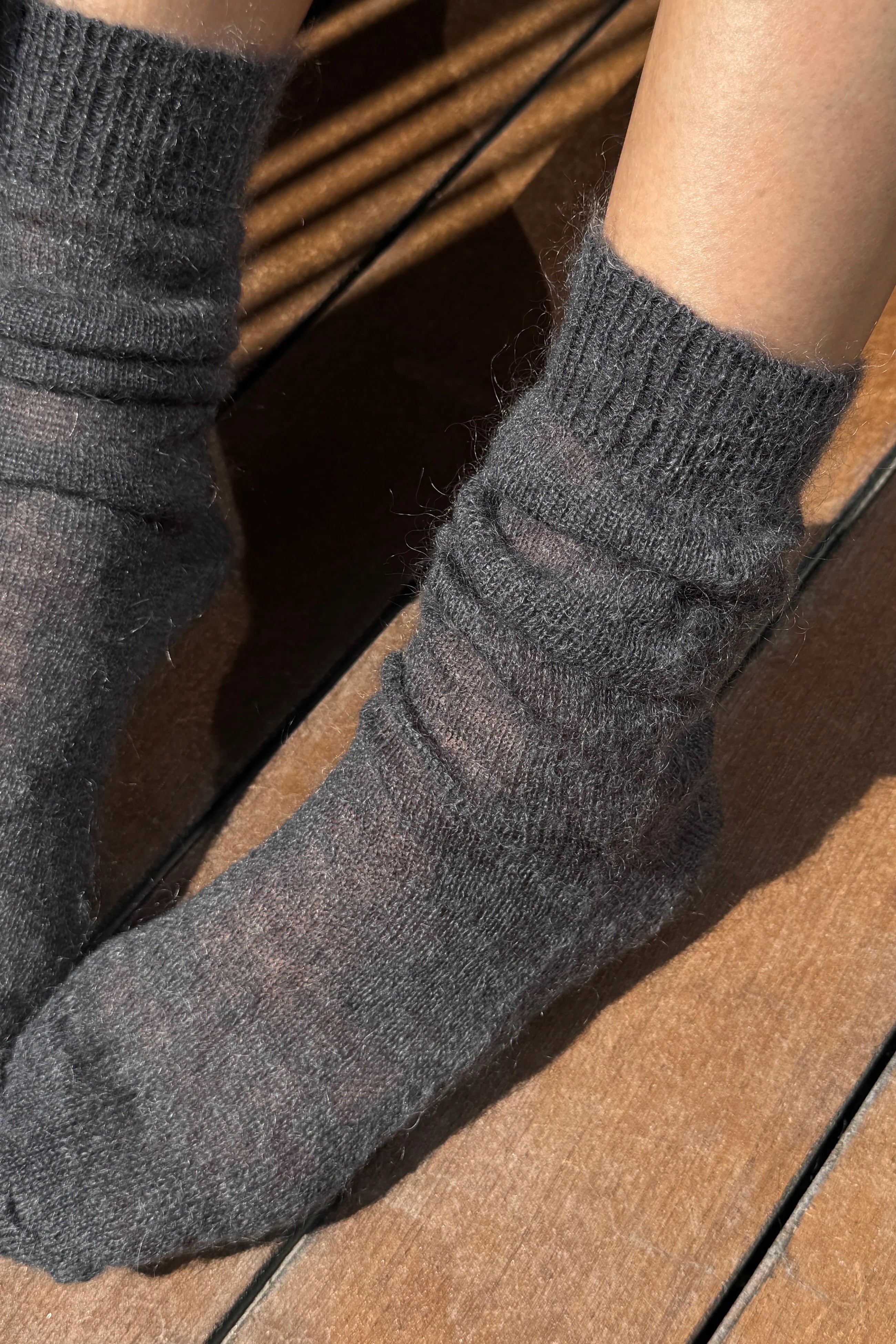 Le Bon Shoppe Mohair Veil Socks Charcoal worn gathered at the ankle close up
