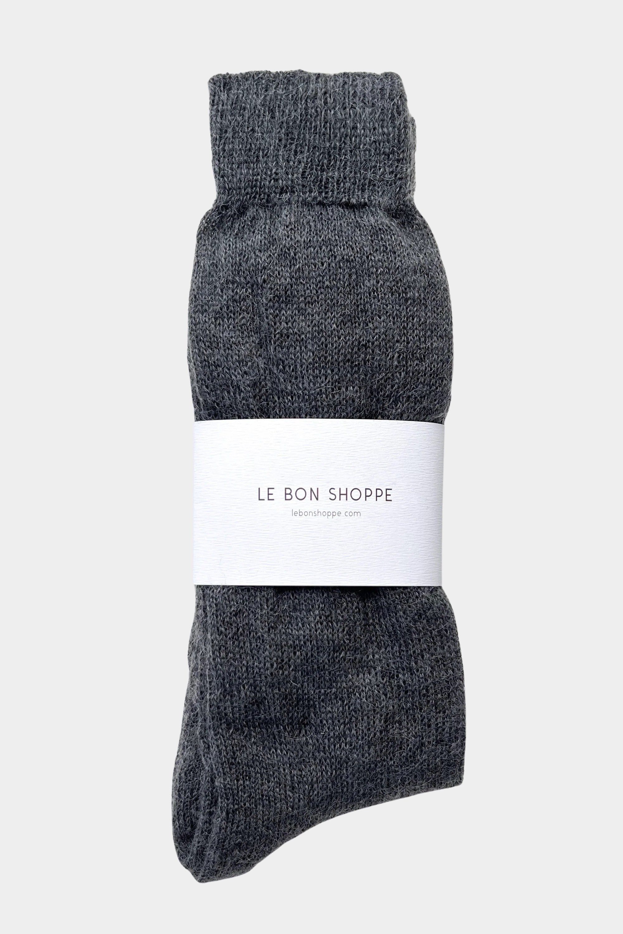 Le Bon Shoppe Mohair Veil Socks Charcoal folded with branded paper wrap at YUCCA Denver