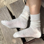 Le Bon Shoppe Mohair Veil Socks Cream worn softly scrunched at the ankles