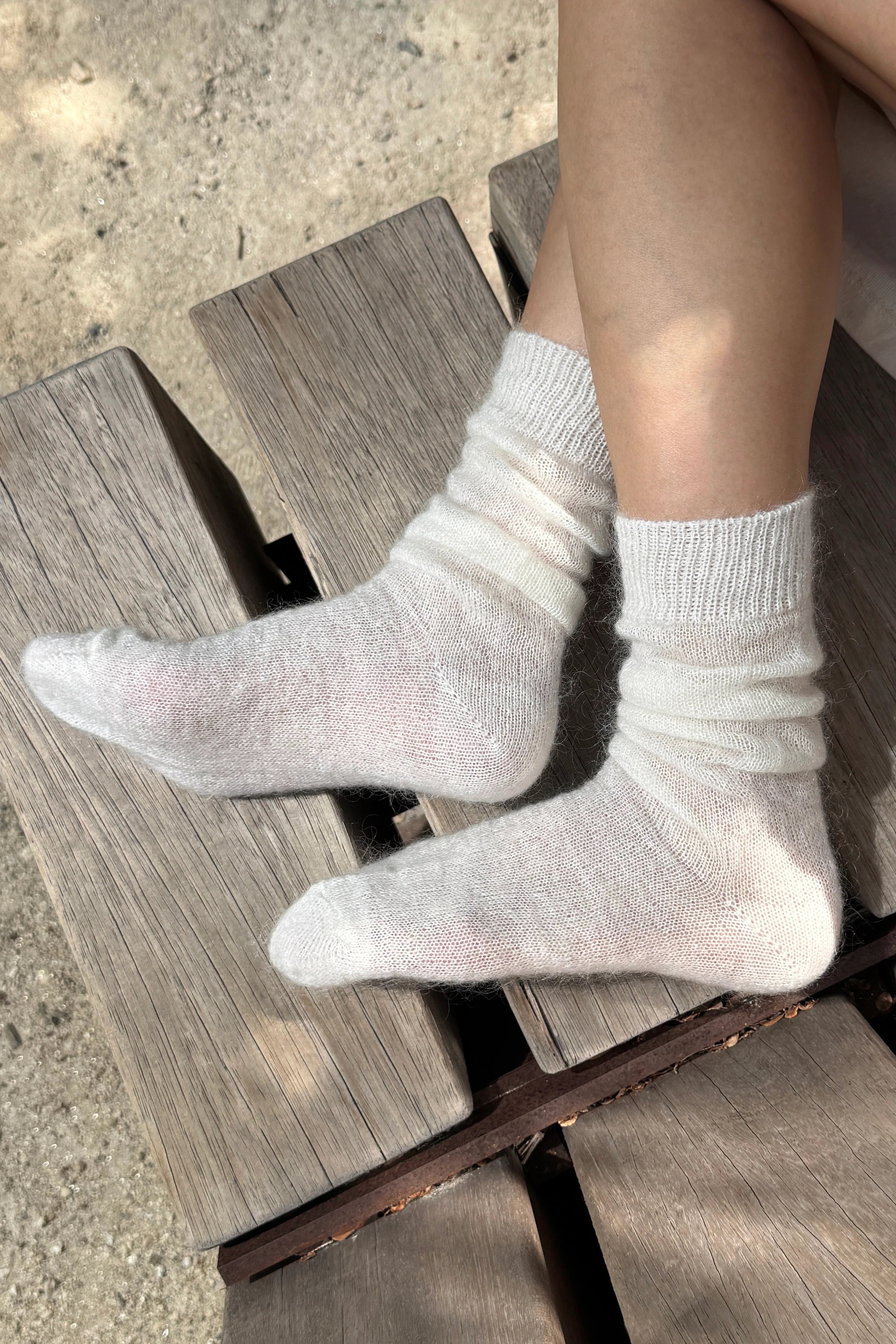 Le Bon Shoppe Mohair Veil Socks Cream worn softly scrunched at the ankles