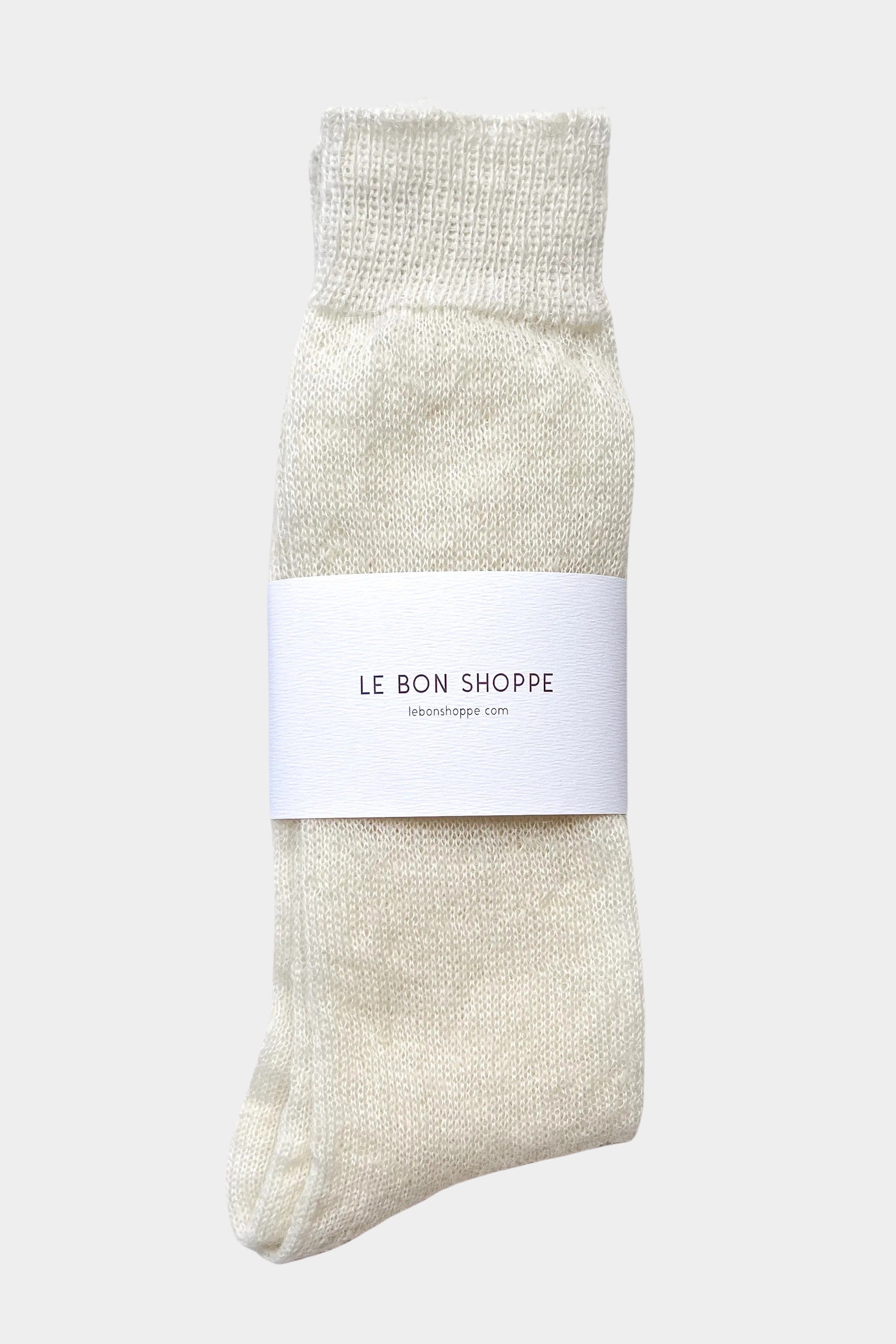 Le Bon Shoppe Mohair Veil Socks Cream folded with branded paper wrap at YUCCA Denver