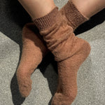 Le Bon Shoppe Mohair Veil Socks Mocha worn softly scrunched at the ankles