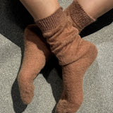Le Bon Shoppe Mohair Veil Socks Mocha worn softly scrunched at the ankles