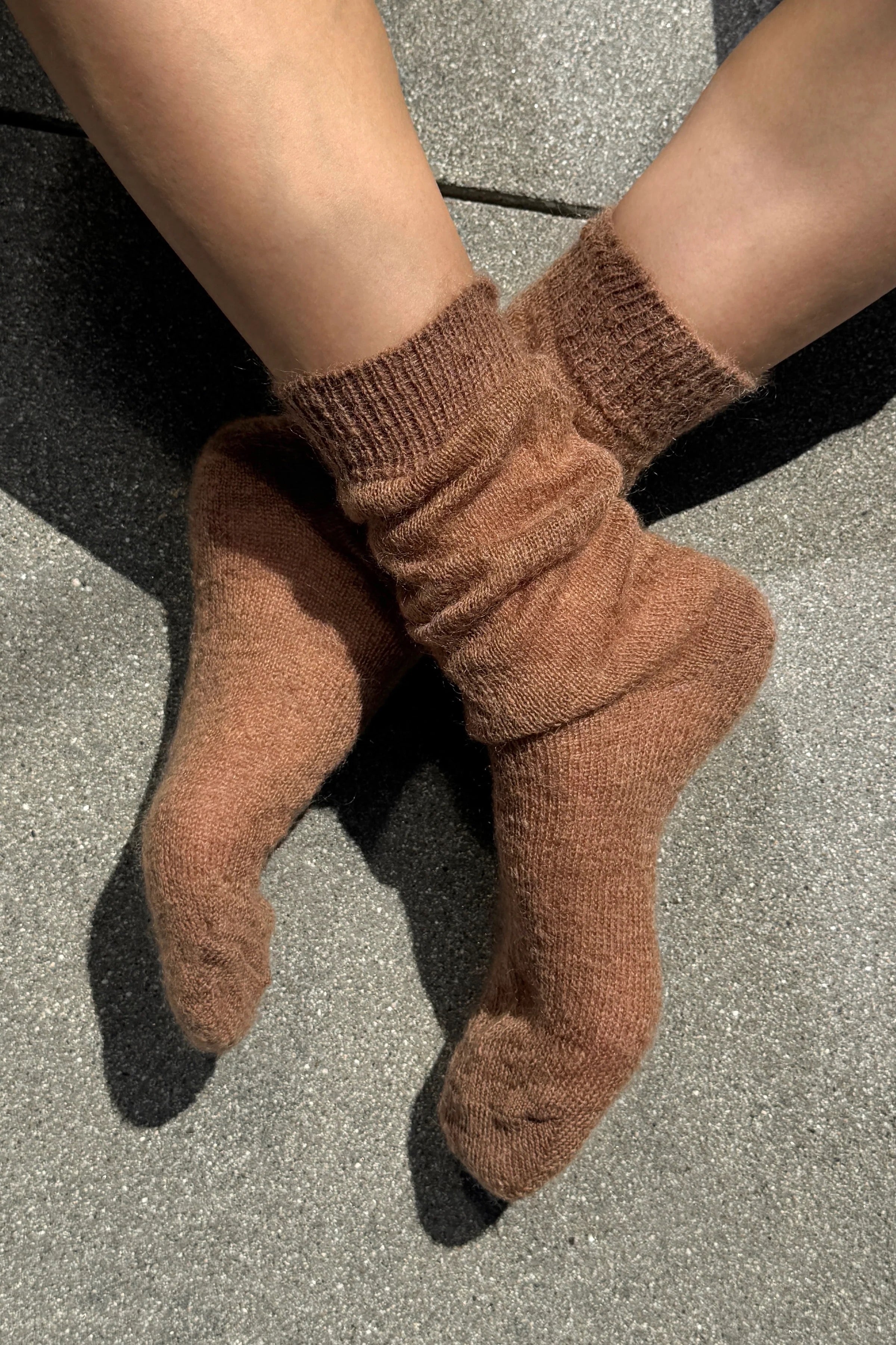 Le Bon Shoppe Mohair Veil Socks Mocha worn softly scrunched at the ankles