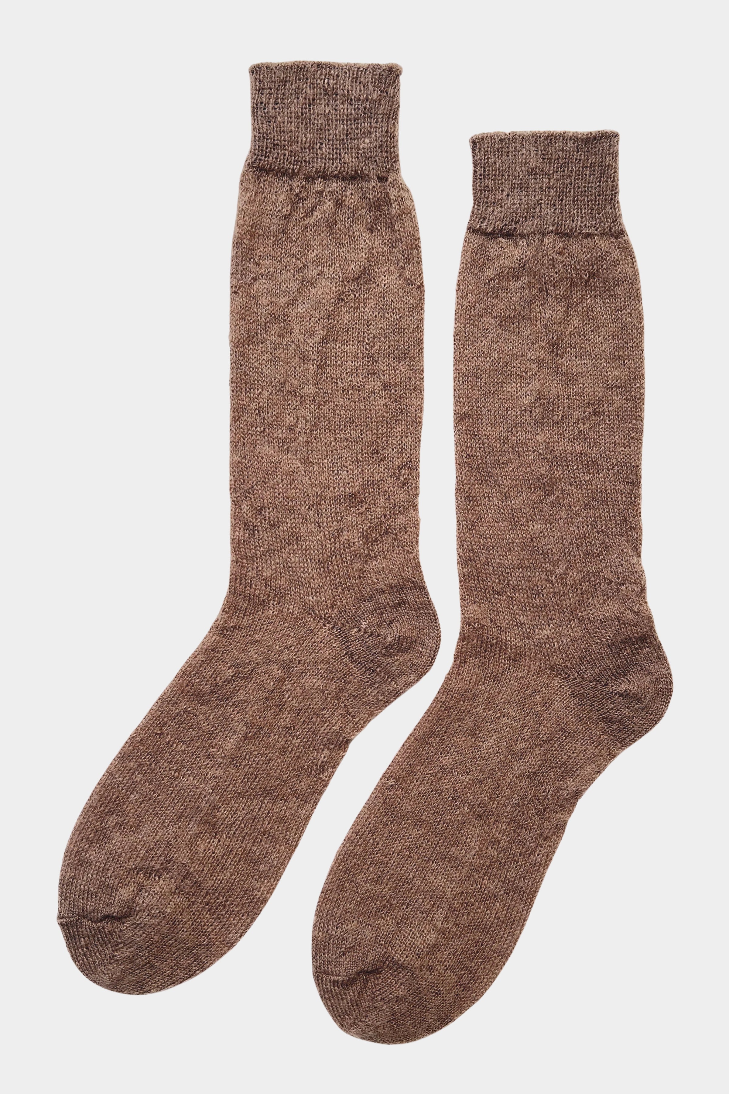 Le Bon Shoppe Mohair Veil Socks Mocha pair showing brushed knit and ribbed cuffs