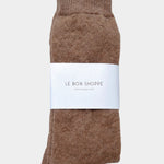 Le Bon Shoppe Mohair Veil Socks Mocha folded with branded paper wrap at YUCCA Denver