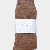 Le Bon Shoppe Mohair Veil Socks Mocha folded with branded paper wrap at YUCCA Denver