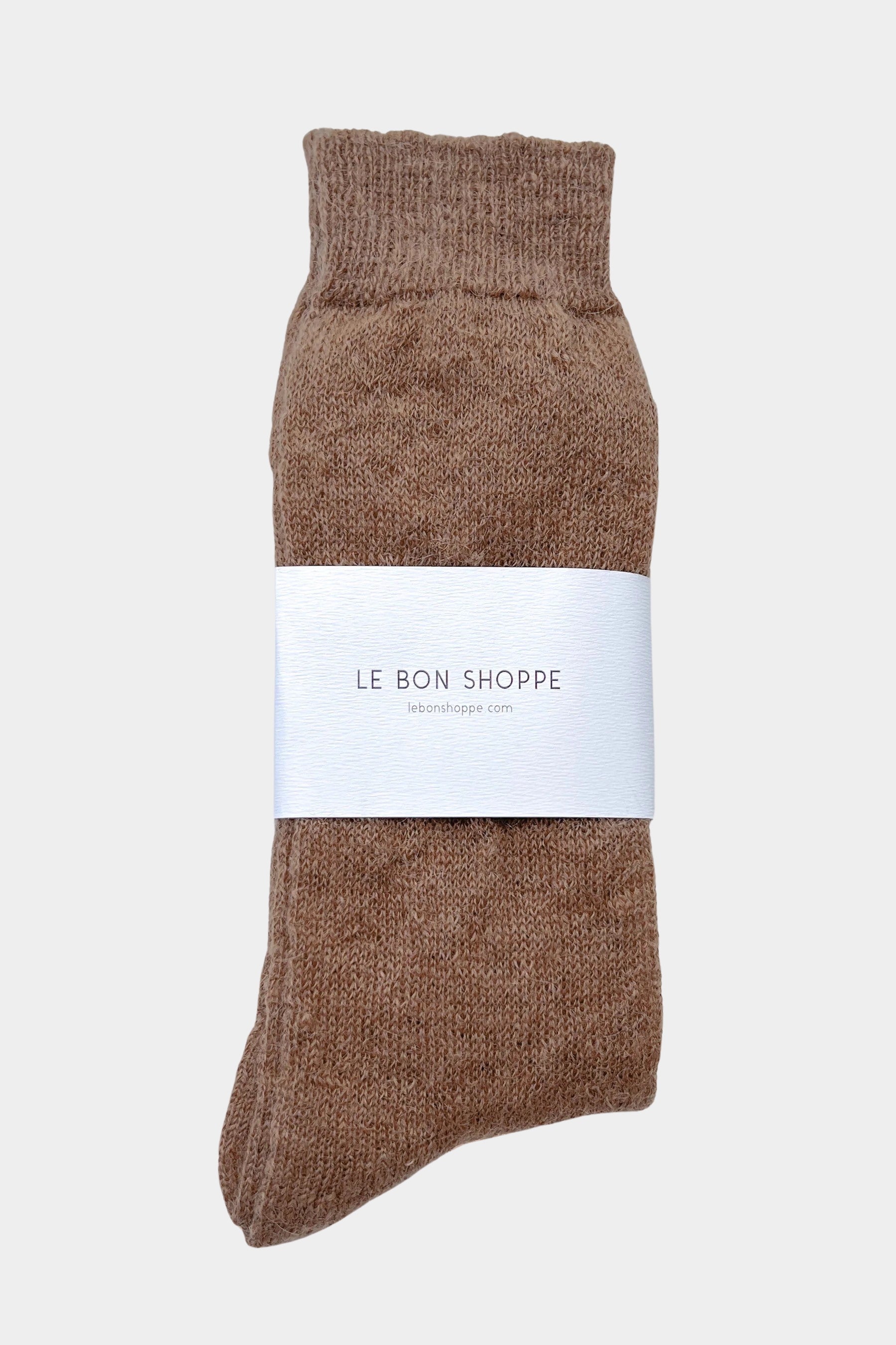 Le Bon Shoppe Mohair Veil Socks Mocha folded with branded paper wrap at YUCCA Denver