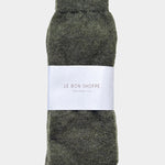 Le Bon Shoppe Mohair Veil Socks Mountain Olive folded with branded wrap at YUCCA Denver