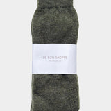 Le Bon Shoppe Mohair Veil Socks Mountain Olive folded with branded wrap at YUCCA Denver
