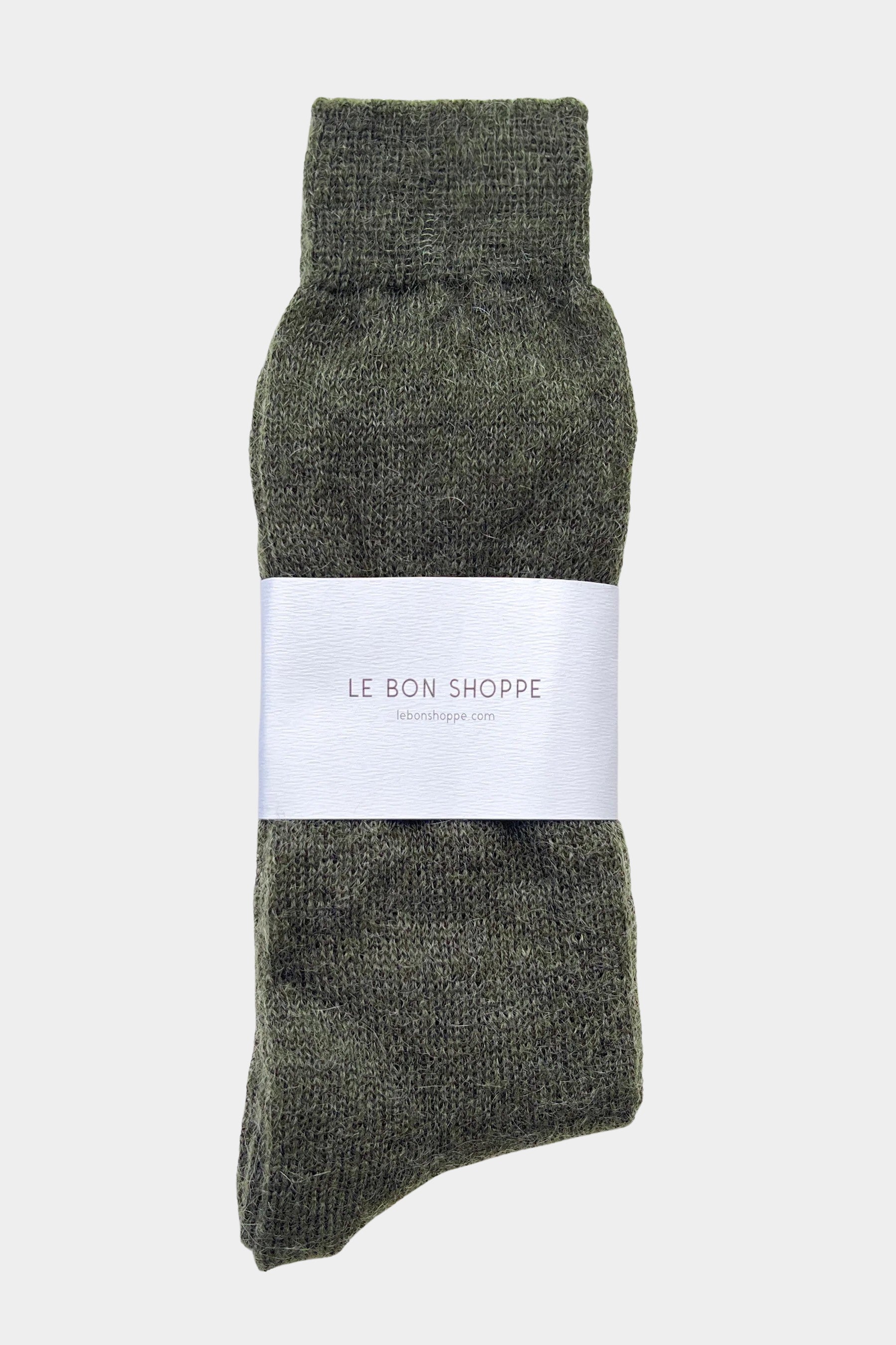 Le Bon Shoppe Mohair Veil Socks Mountain Olive folded with branded wrap at YUCCA Denver