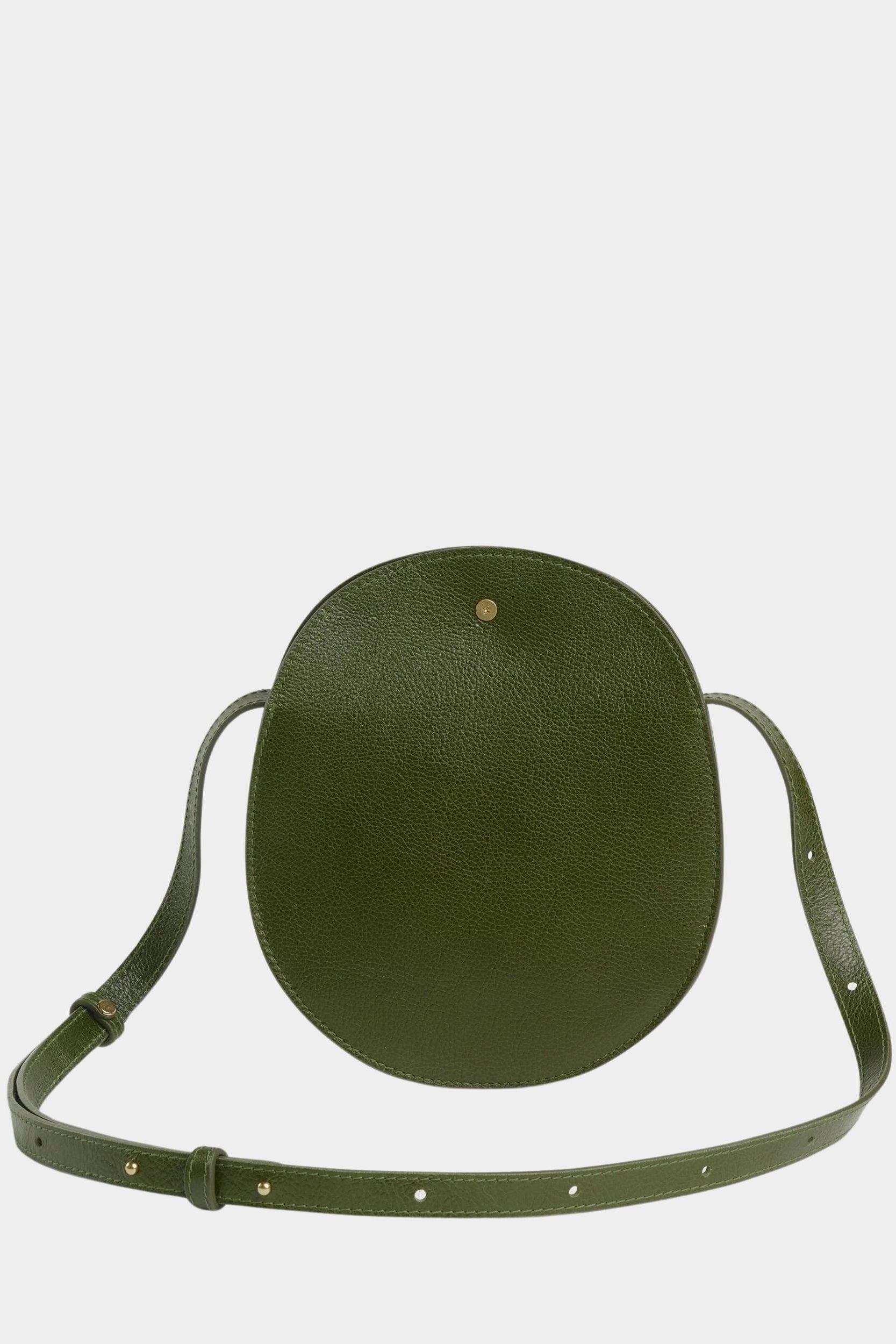 LINDQUIST Eggi bag in Olive with a rounded silhouette, spherical brass snap, and tonal stitching