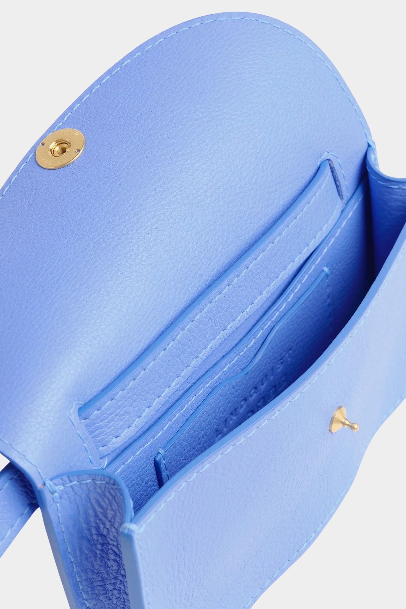Lindquist Faba bag periwinkle leather interior view with card pocket and partition