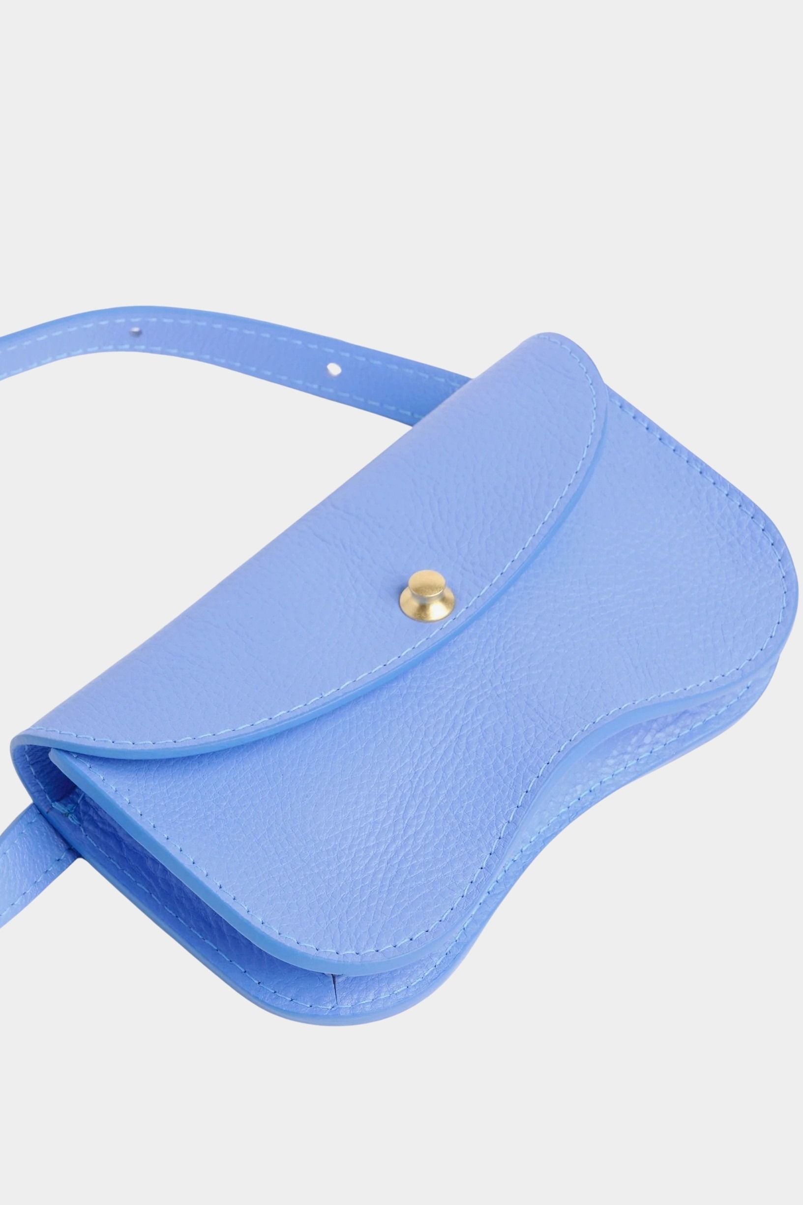Lindquist Faba bag periwinkle leather angled side view showing curved silhouette