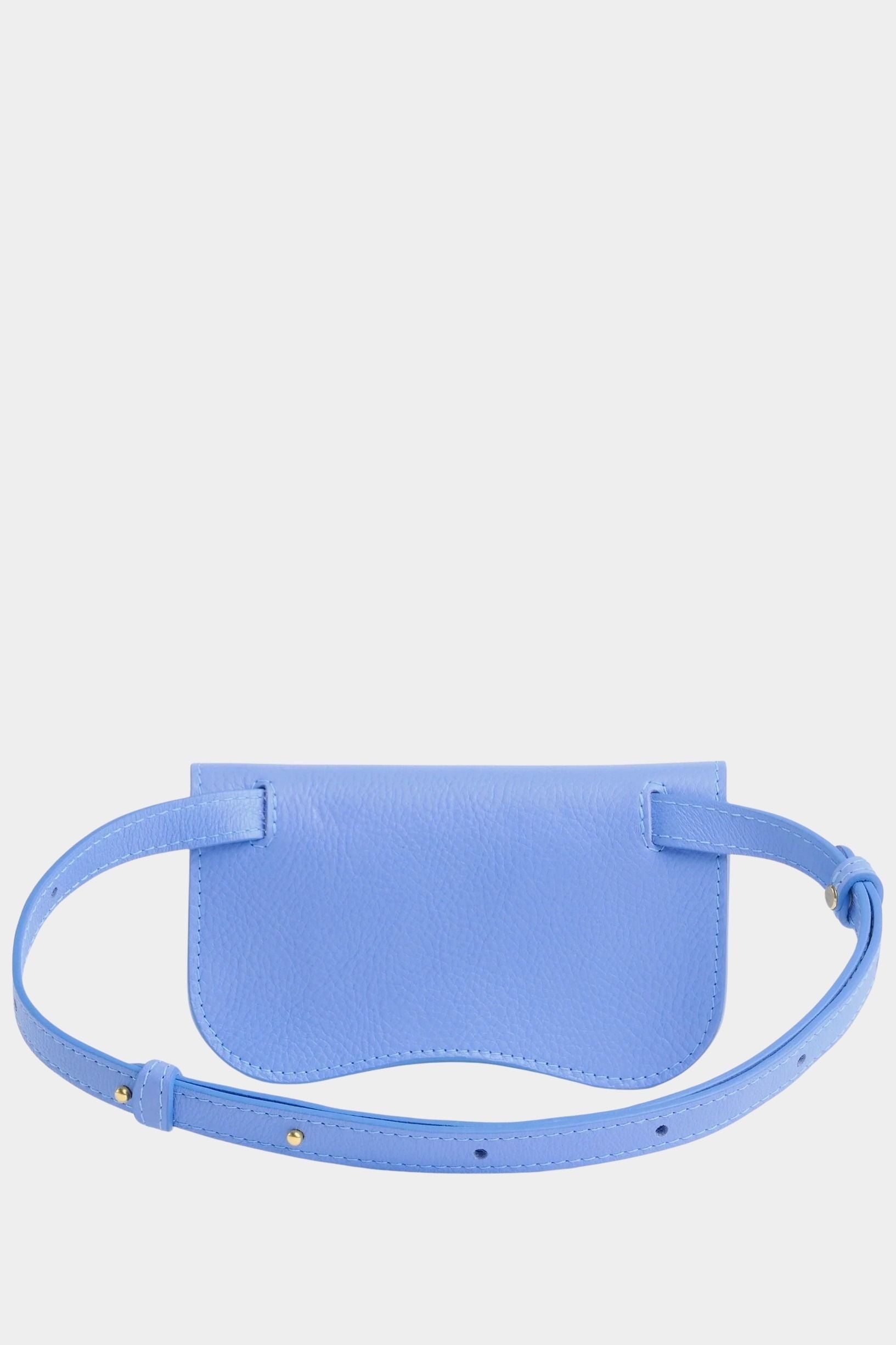 Lindquist Faba bag periwinkle leather back view with adjustable strap and buckle detail
