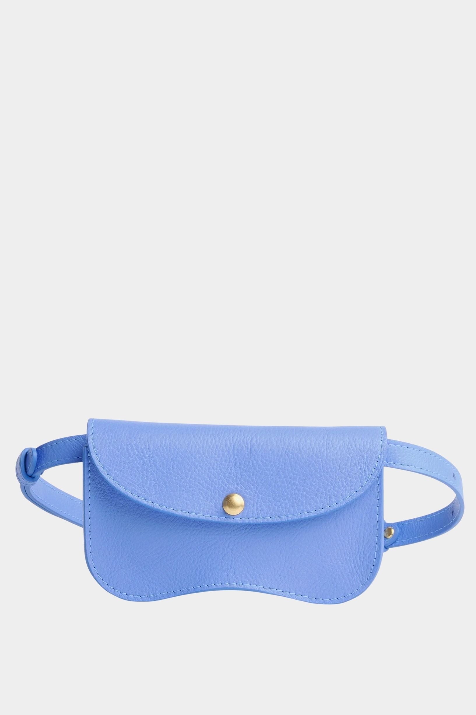 Lindquist Faba leather belt bag in periwinkle front view with curved flap and brass closure