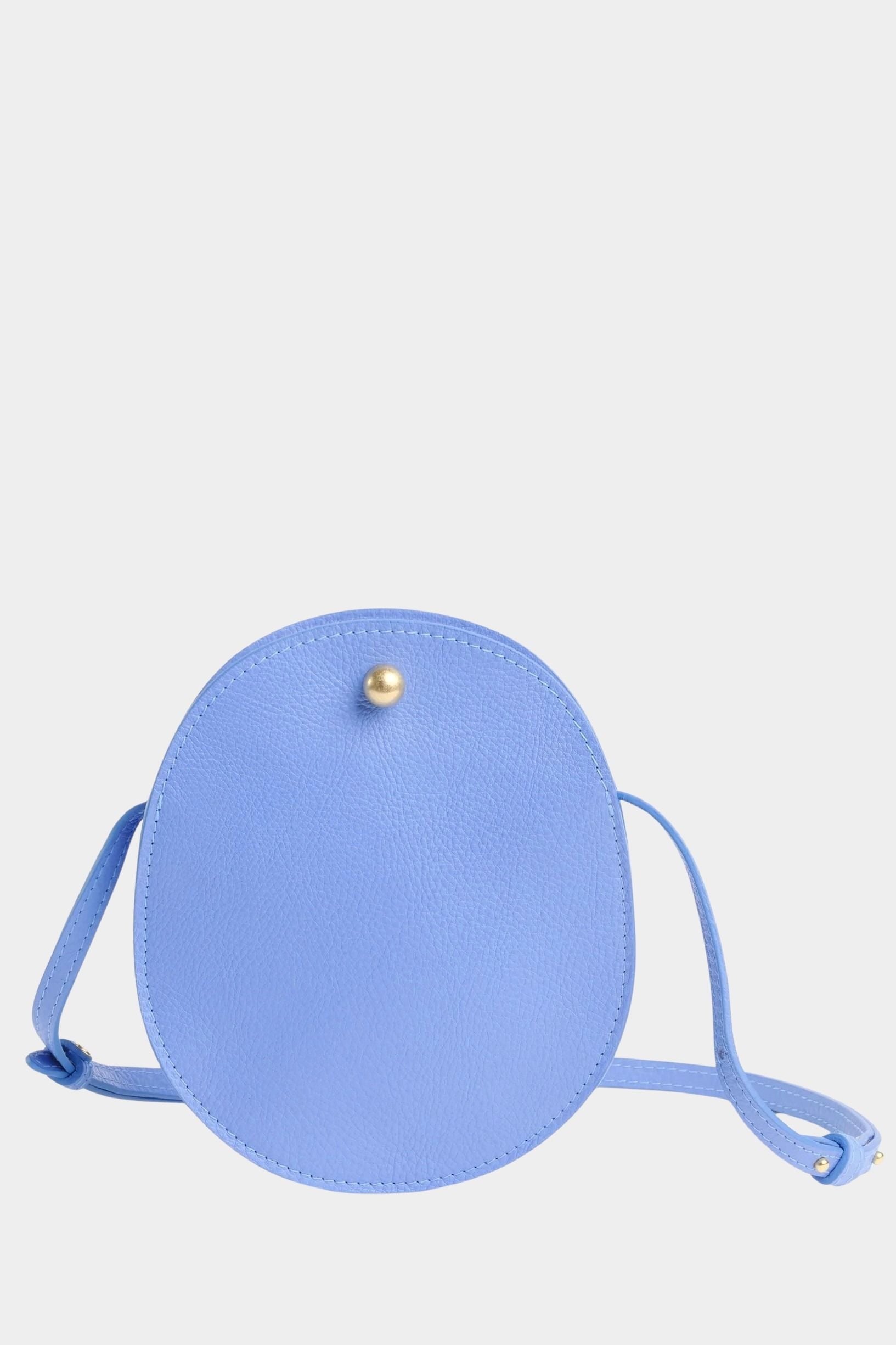 Lindquist Mini Eggi periwinkle leather crossbody front view circular silhouette