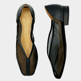 LOQ Porto flat in black leather and mesh with squared toe and tulip upper top and side view