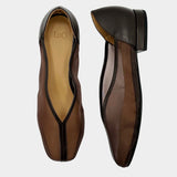 LOQ Porto flat in espresso leather and mesh with squared toe and tulip upper top and side view