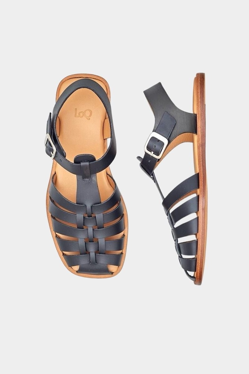 LOQ Rio sandal in black leather fisherman sandal top view with woven straps and buckle closure